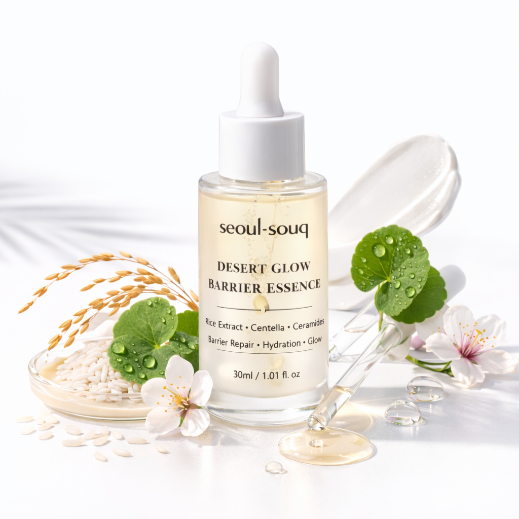 Desert Glow Barrier Essence bottle Skincare bottle labeled 'seoul-souq'. Shop the best Korean skincare online for the UAE and GCC.