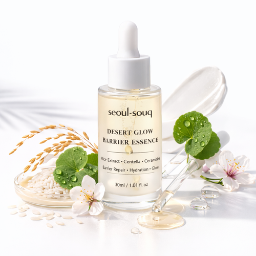 Desert Glow Barrier Essence bottle Skincare bottle labeled 'seoul-souq'. Shop the best Korean skincare online for the UAE and GCC.