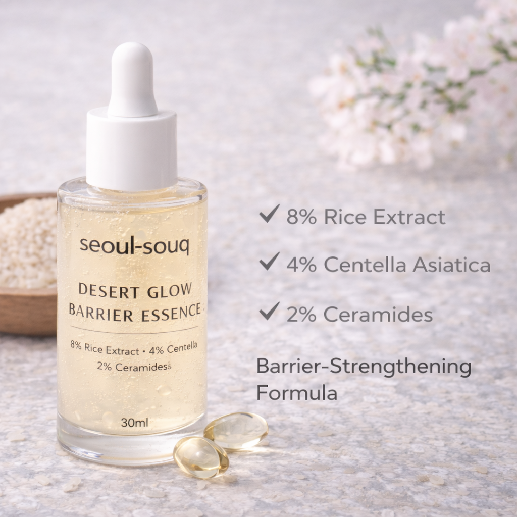 Seoul-souq Desert Glow Barrier Essence bottle with ingredients listed of Rice Extract, Centella Asiatica, and Ceramides for Barrier Strengthening. Shop the best Korean skincare online for the UAE and GCC.