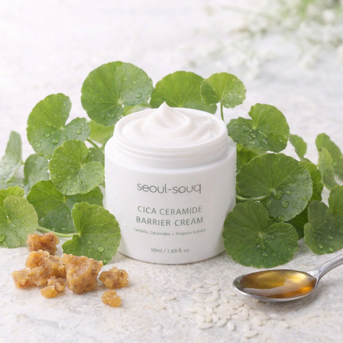 Seoul-souq Cica Ceramide Barrier Cream jar with green leaves and a spoonful of cream on a light background. Korean Skincare Buy Online for UAE & GCC.