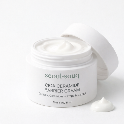 Seoul-souq Cica Ceramide Barrier Cream jar with cream outside on a white background. Korean Skincare buy Online for UAE and GCC.