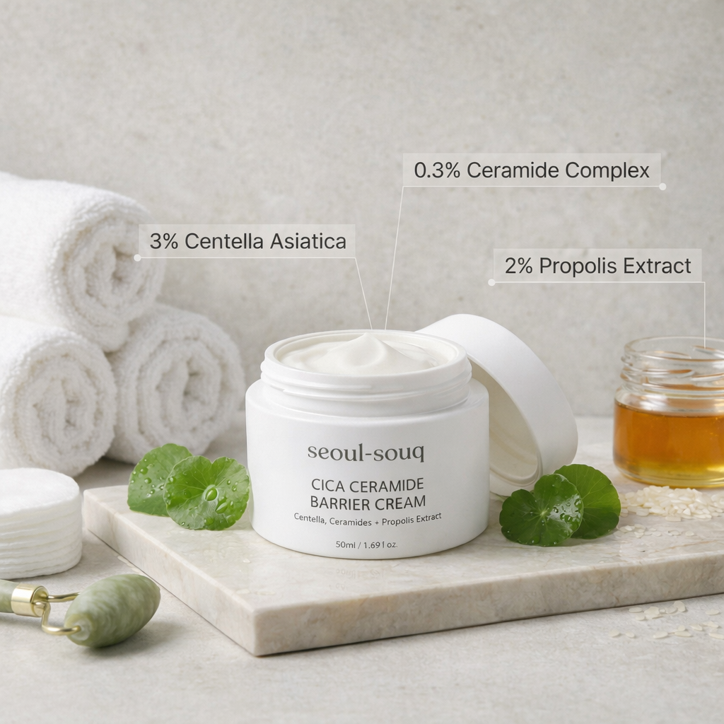 Seoul-souq CICA Ceramide Barrier Cream with ingredients listed on a neutral background. Korean skincare buy online for UAE and GCC.