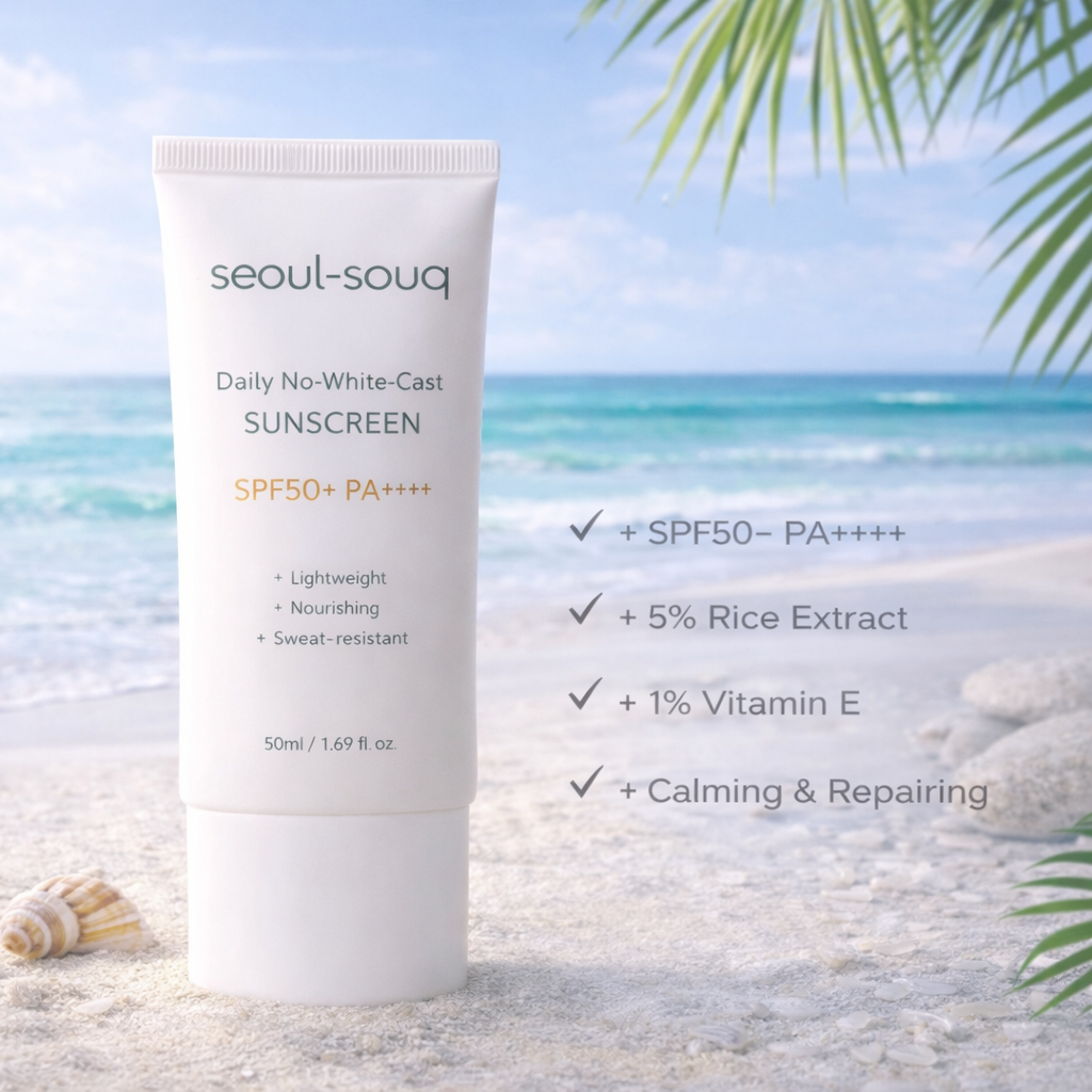 Seoul-souq sunscreen tube on a beach with palm leaves