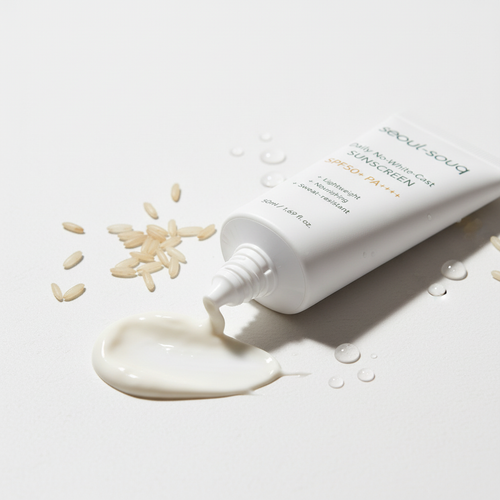 Sunscreen tube with a small amount of cream on a light background. Korean skincare buy online for UAE and GCC.