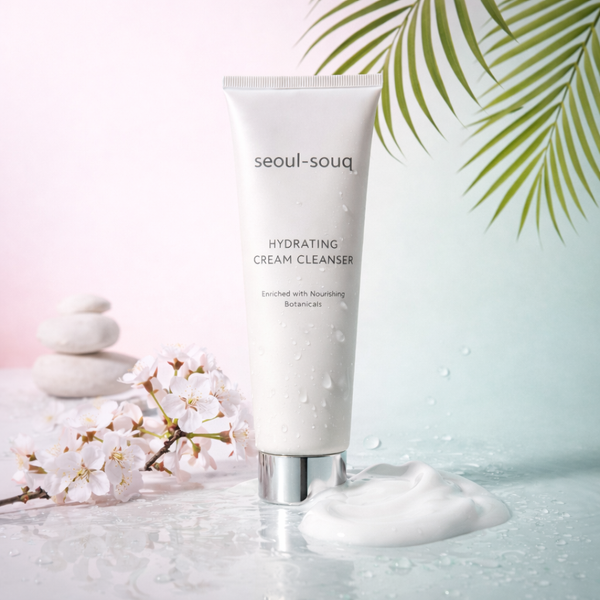 Seoul-Souq hydrating cream cleanser with cherry blossoms and palm leaves. Shop online korean skincare for the UAE and GCC.