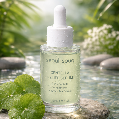 Seoul-souq Centella Relief Serum bottle on a stone with nature background. Korean Skincare