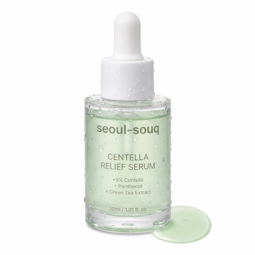 Seoul-souq Centella Relief Serum bottle on a white background. Korean skincare