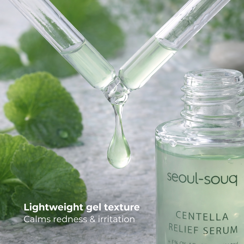 Seoul-souq Centella Relief Serum with dropper and green leaves on a textured surface. Korean Skincare online UAE.