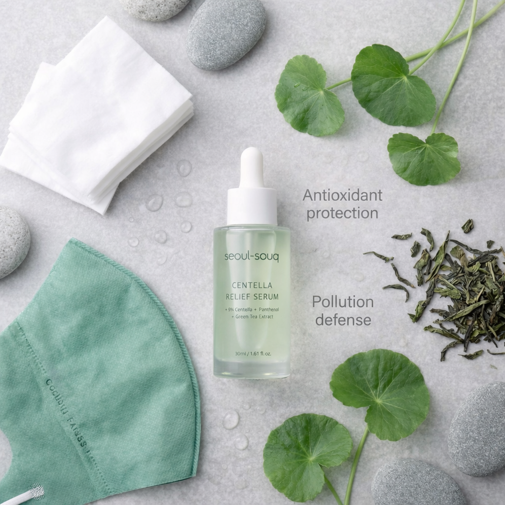 Skincare serum bottle with green leaves, towel, and stones on a light gray background. Korean Skincare Online UAE.