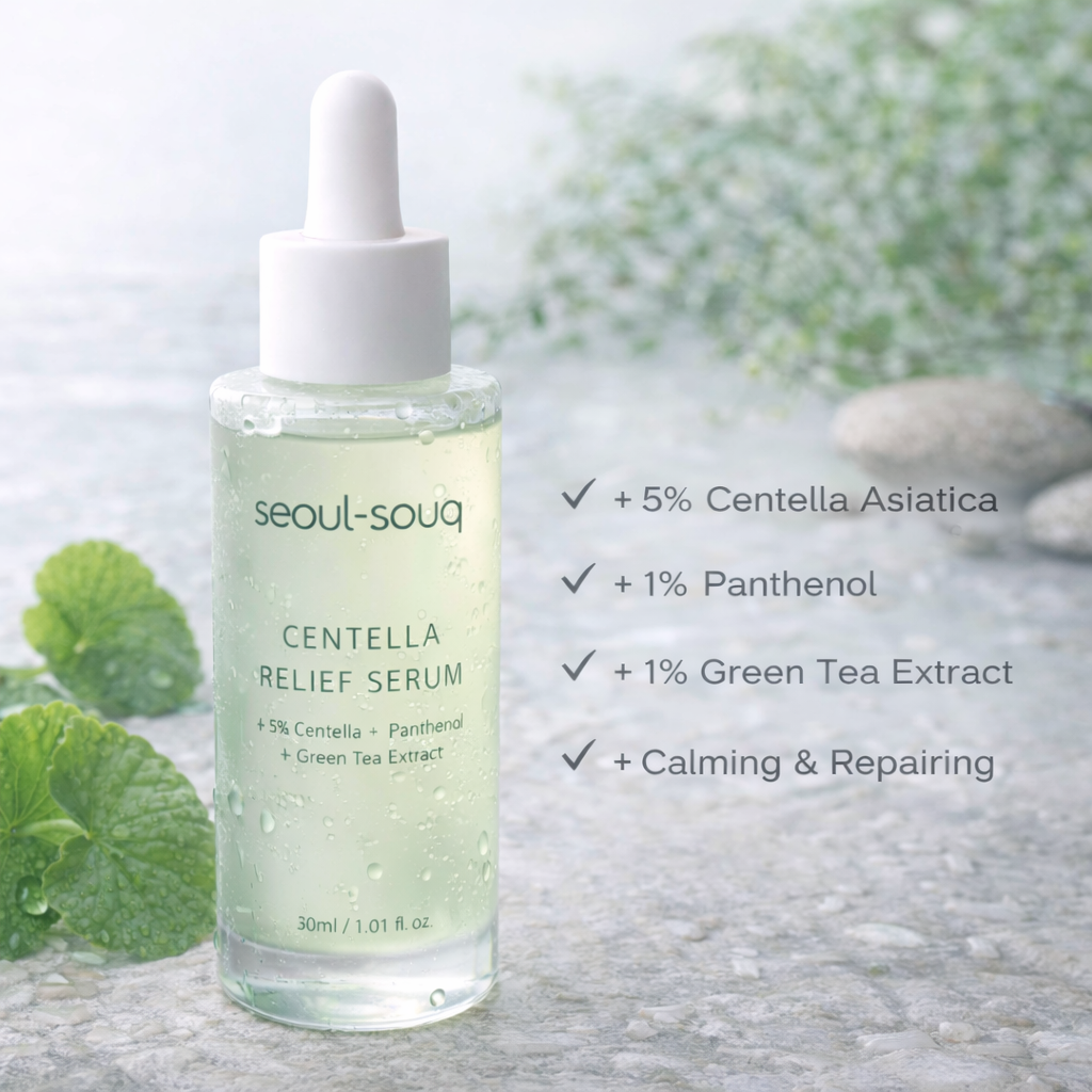 Seoul-souq Centella Relief Serum bottle with ingredients listed on a natural background. Korean Skincare Online UAE & GCC.