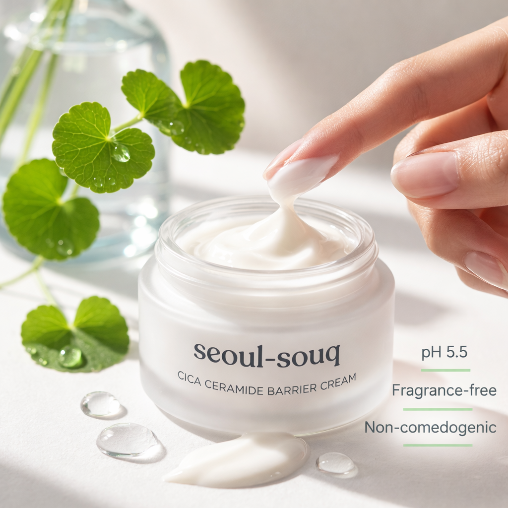 Jar of Seoul-souq Cica Ceramide Barrier Cream with a hand applying cream, surrounded by green leaves. Korean skincare buy online for UAE and GCC.