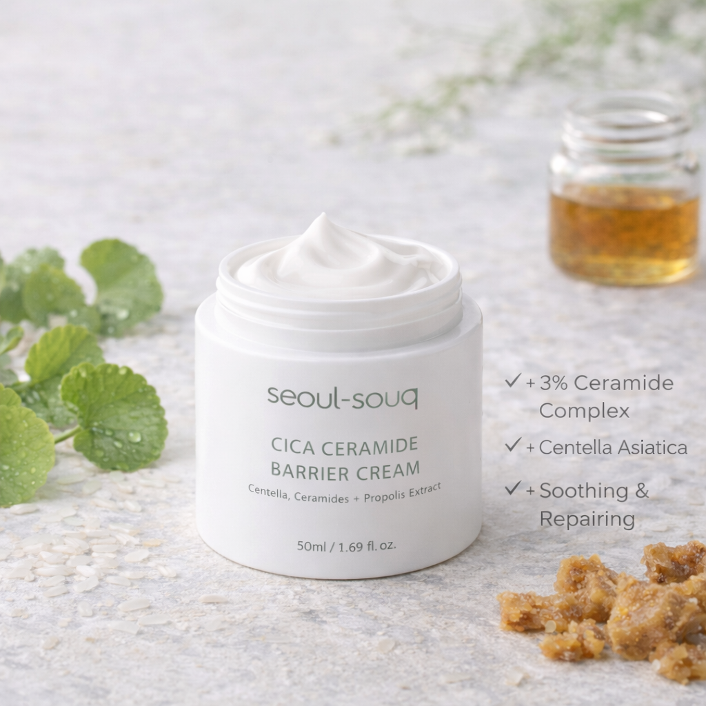 Seoul-souq Cica Ceramide Barrier Cream jar with ingredients listed on a light background. Korean skincare buy online for UAE and GCC.