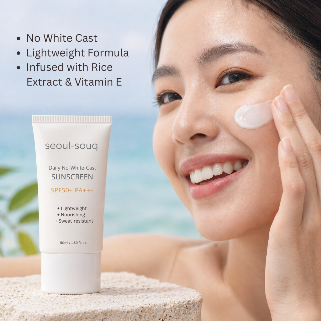 Woman applying sunscreen with a tube of Seoul-Souq korean sunscreen 