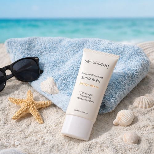 Seoul-souq Daily No-White-Cast Korean sunscreen bottle on sand with towel, sunglasses, and shells by the ocean. Korean skincare buy online for UAE and GCC.