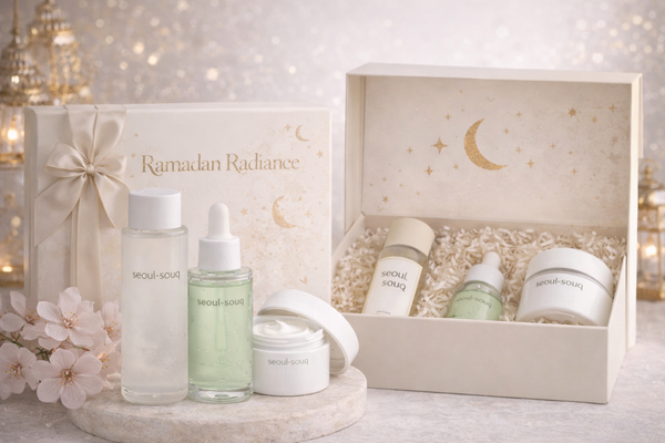 Skincare product set with 'Ramadan Radiance' branding on a decorative background. Shop the best Korean skincare online for the UAE and GCC.