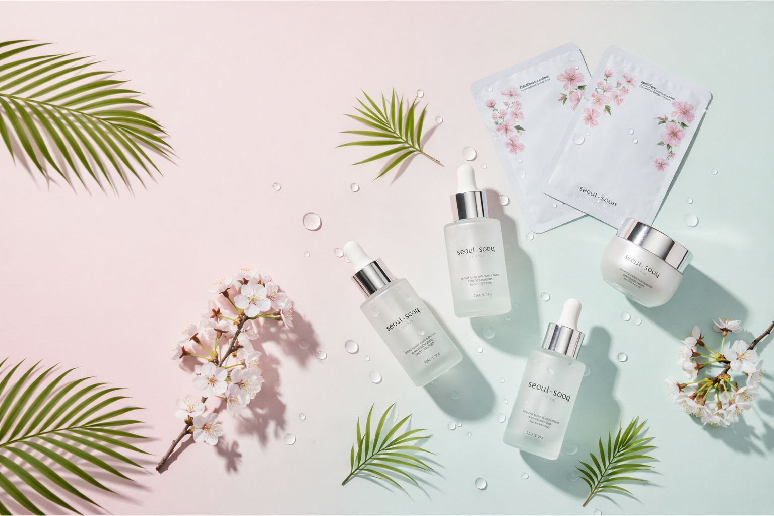 Seoul-Souq Korean Skincare products with cherry blossoms and palm leaves on a light pink and green gradient background.