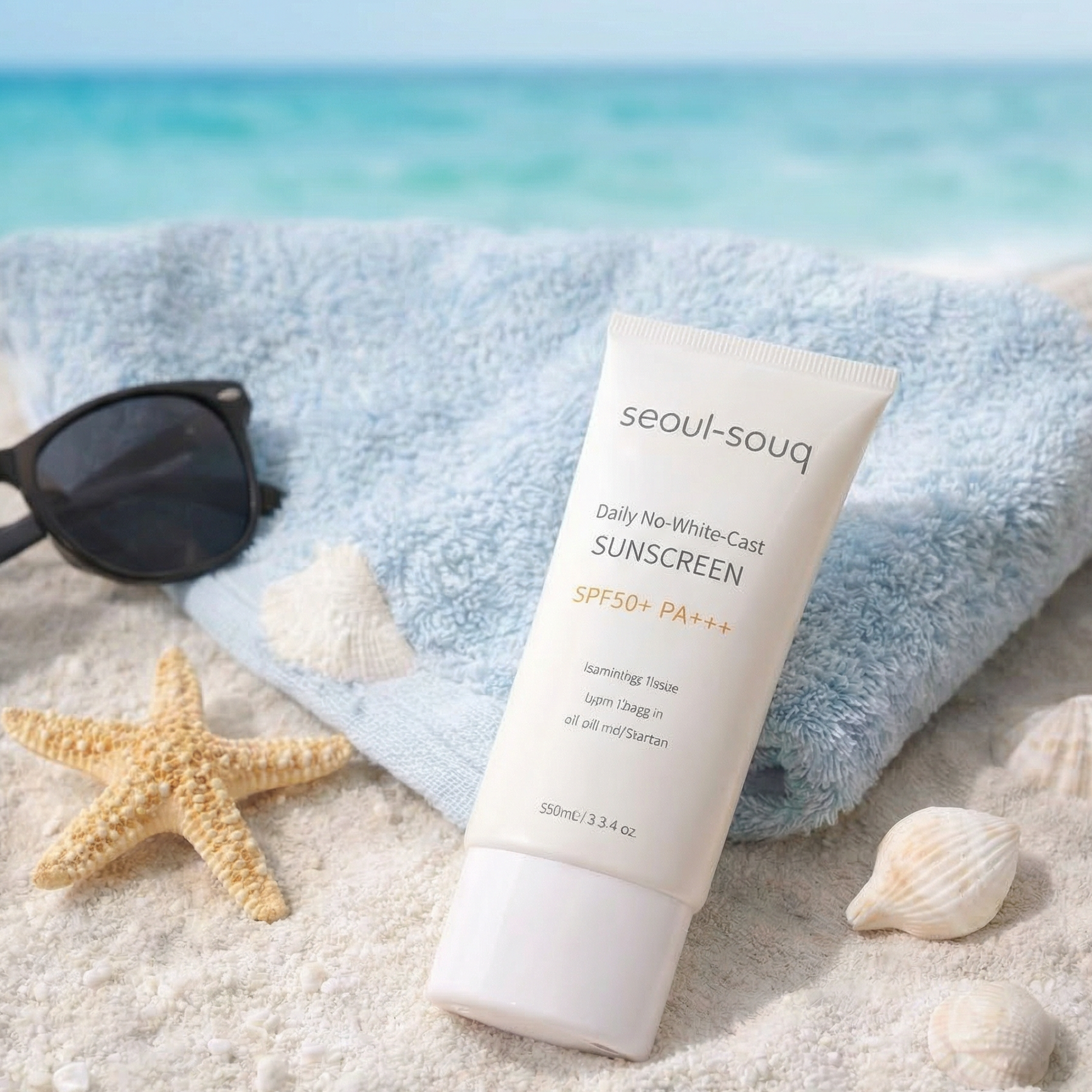 Seoul-Souq sunscreen bottle on sand with towel, sunglasses, and shells by the ocean