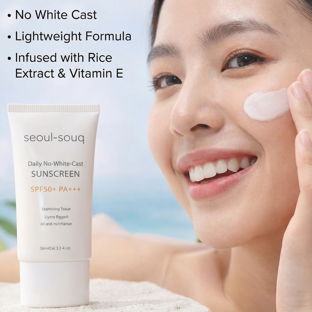 Woman applying sunscreen with a tube of Seoul-souq Daily No-White-Cast Sunscreen on a blurred natural background.